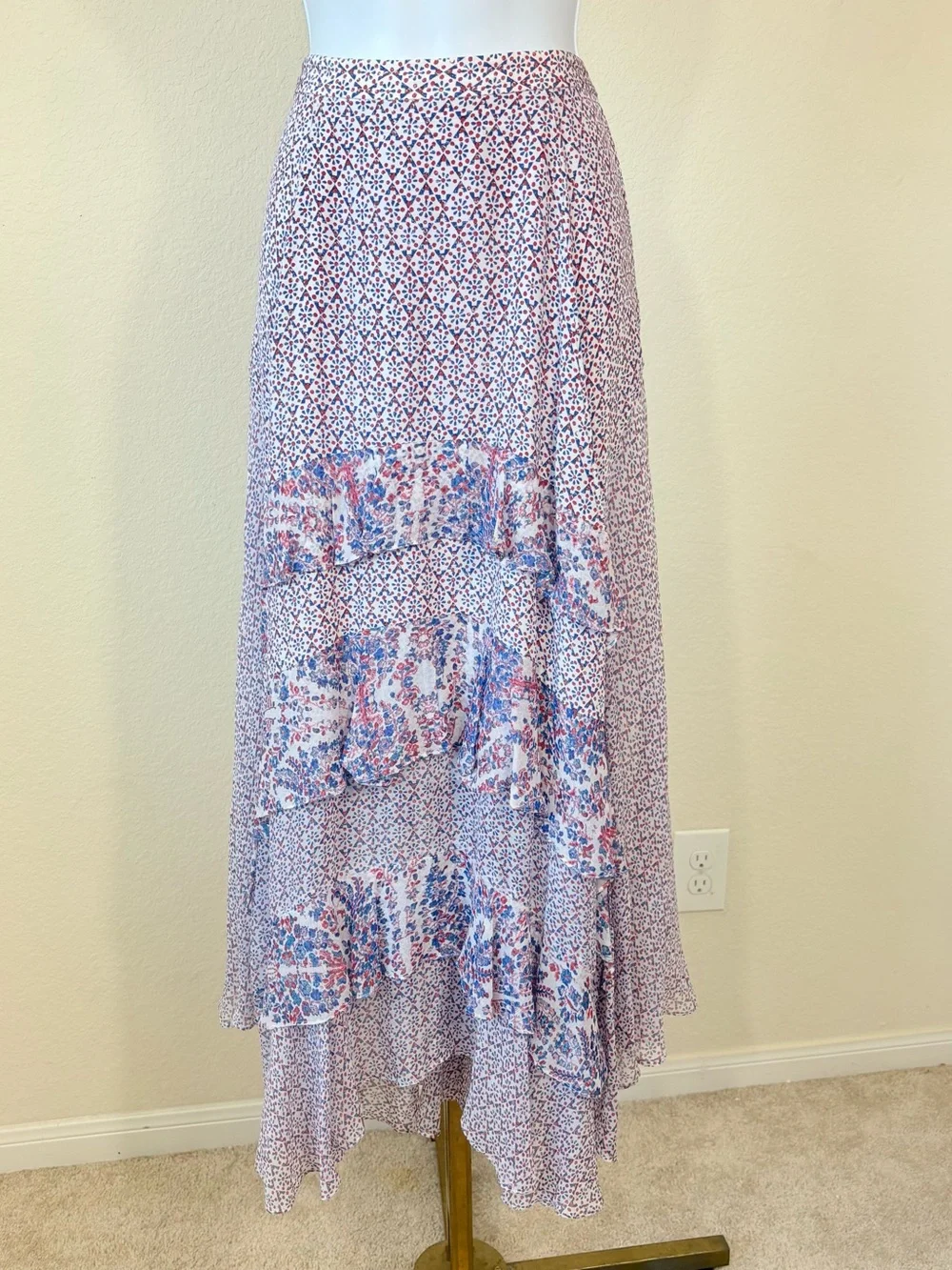 Rebecca Taylor 100% Silk Ruffle Asymmetrical Maxi Skirt Blue Red Floral Boho